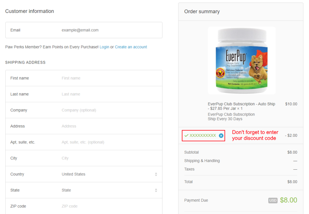 EverPup Club Subscription Checkout Page With Coupon Applied